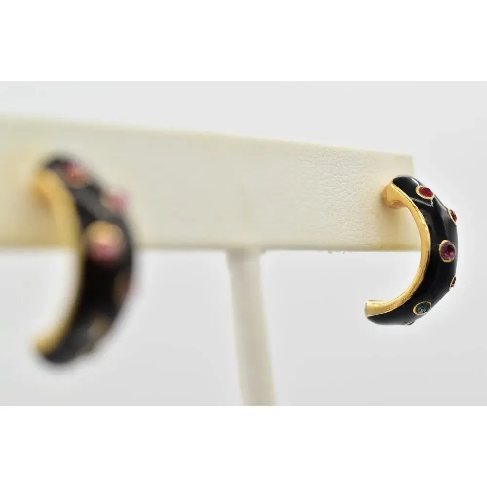 Vintage Dangle Crystal Hoop Earrings Black Enamel Multi-Color NOS 1980s 9L